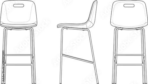 Modern minimalist bar stool technical line illustration with front back and side views vector furniture design template