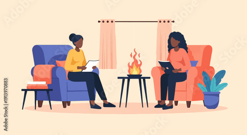 Two people sit in armchairs near a fireplace, reading