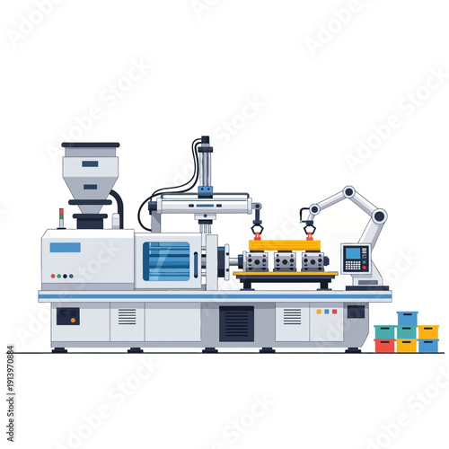 Automated Injection Molding Machine with Robotic Arm in Manufacturing Factory