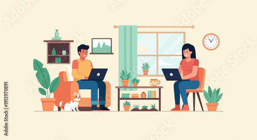 Two people work on laptops at home with a cat and plants