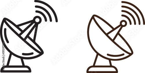 Two line art depictions of satellite dishes one black and one brown