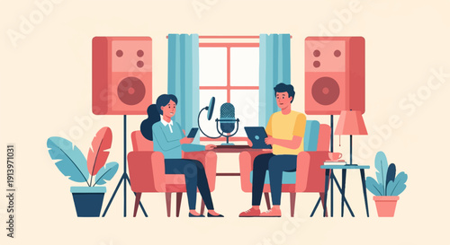 Two people sit in armchairs, recording audio with a microphone and tablet