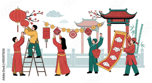 Group of people in traditional Chinese clothing decorating a gate with lanterns and scrolls for a festive celebration in a vibrant and colorful setting.