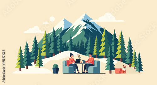 Two people work on laptops by mountains with a dog nearby