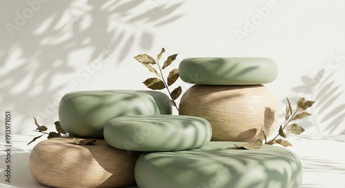 Light green rounded product display background with leaf shadows, minimalist natural concept1