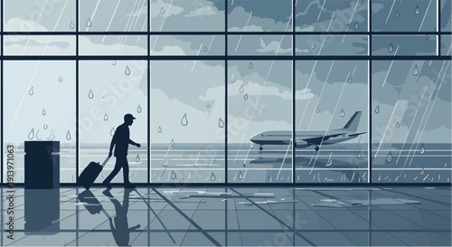 Rainy Airport Window View with Silhouette Traveler – Flight Delay Concept Illustration