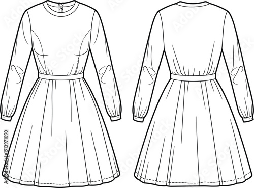 Technical fashion illustration of women long sleeve midi dress front and back view with waist belt pleated skirt vector line art