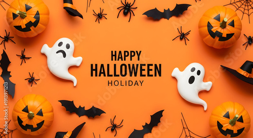 Happy halloween holiday background with pumpkins and ghosts