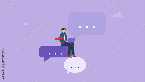 Internet communication and chatting concept. Businessman sitting on speech bubbles greeting each other online from laptop.