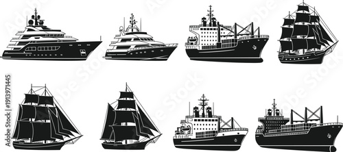 Ship silhouette set featuring cargo vessels, luxury yachts, and sailing ships isolated on white background for maritime design, transportation concepts, and nautical illustration projects
