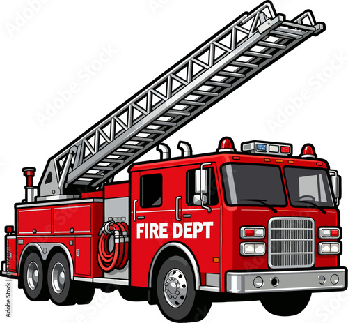 Obraz na płótnie Cartoon Red Fire Ladder Truck with FIRE DEPT Text and Sirens Side View Vector