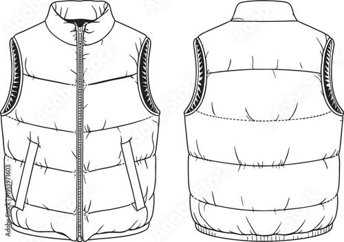 Technical fashion flat sketch of sleeveless padded puffer vest with zipper pockets, high collar, front and back view illustration
