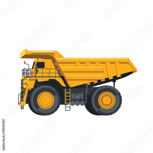 Massive yellow mining dump truck illustration on a white background, showcasing heavy-duty industrial vehicle