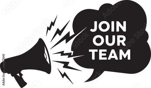 A black silhouette of a megaphone broadcasting a message to join the team