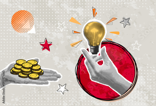 Trendy halftone collage Cut out hand holding light bulb and Hand holds coins, Buy idea, investing in innovation. Crowdfunding Concept Investment into Idea or Business Startup	