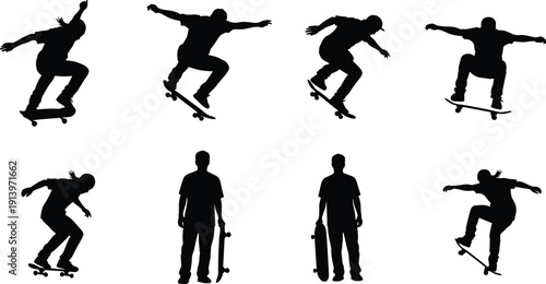 Skateboarder silhouette set showing jumping tricks and standing poses isolated on white background for extreme sports design, urban lifestyle branding, and action concepts
