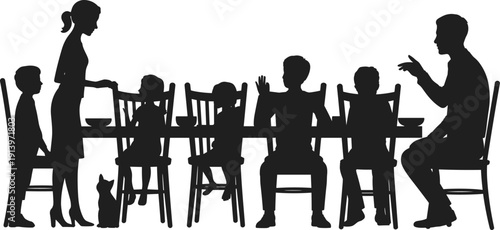 Family dinner silhouette showing mother, father and children sitting at dining table with pet cat, home meal time and household conversation isolated on white background.