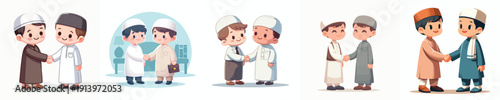 vector of a little Muslim boy shaking hands with another little Muslim boy
