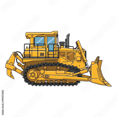 Yellow bulldozer illustration, heavy construction vehicle with tracks and a blade for earthmoving and site preparation, graphic art