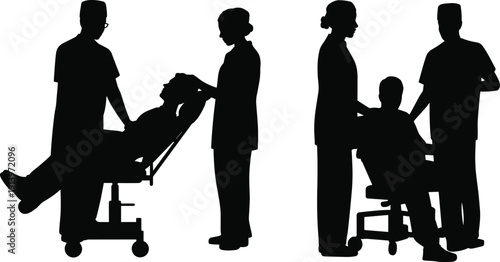 Hospital patient transport silhouette set showing nurses and doctors assisting sick person on stretcher and wheelchair, healthcare emergency support and medical care isolated on white background.