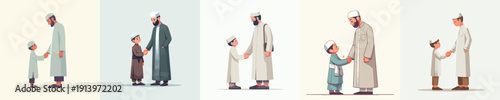 vector of a little Muslim boy shaking hand with father