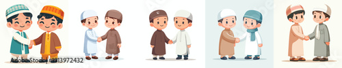 vector of a little Muslim boy shaking hands with another little Muslim boy