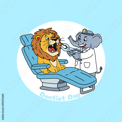 Cartoon illustration of an elephant dentist trying to pull out the teeth of a sick tiger patient in the dentist's room on sky blue background. National Dentist Day, March 6th