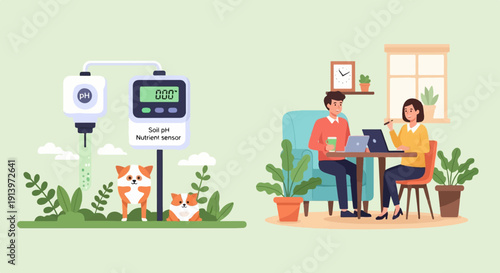 Two scenes one with a soil sensor and dogs, the other with people working indoors