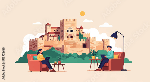 Two people working on laptops from comfortable chairs in front of a castle