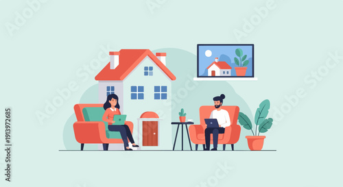 Two people working on laptops from home in comfortable chairs with a house behind them