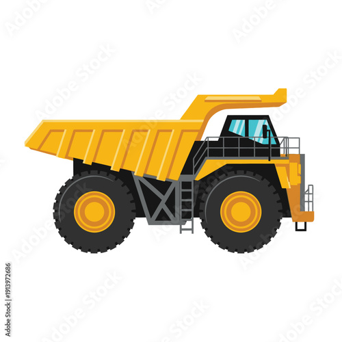 Yellow mining truck illustration, heavy duty vehicle for transporting materials in quarries and construction sites