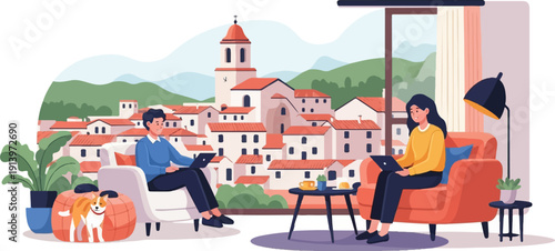 Two people working on laptops from home with a scenic village view