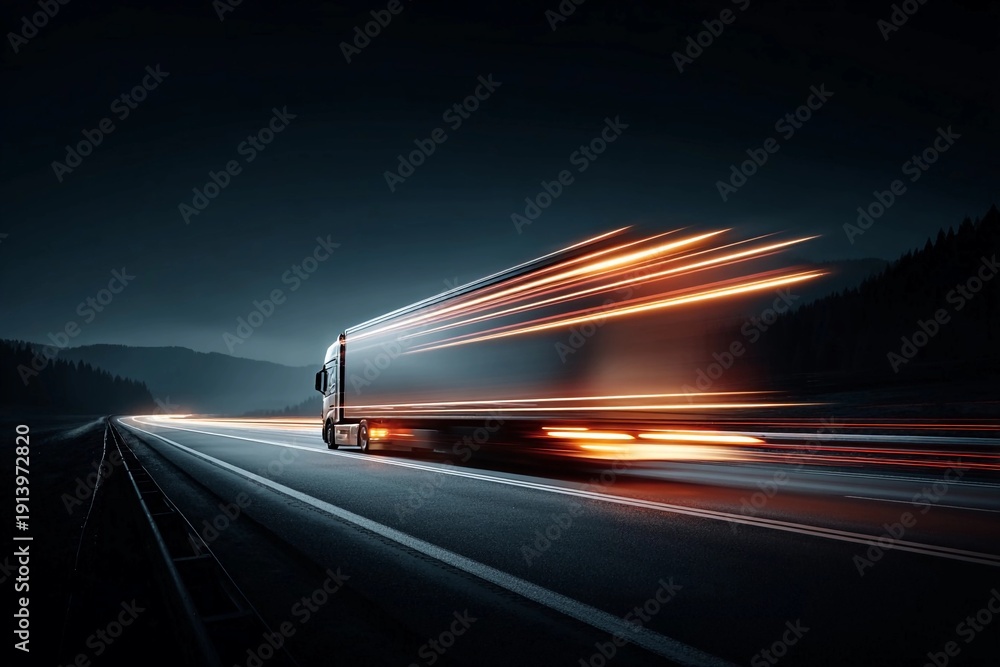Obraz premium Fast truck driving on highway at night with blurred lights and dark surroundings