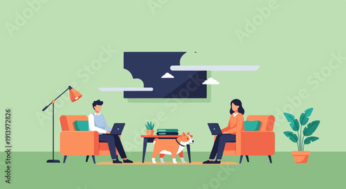 Two people working on laptops in a cozy living room with a dog