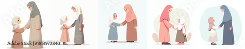vector of a little Muslim girl shaking hand with mother