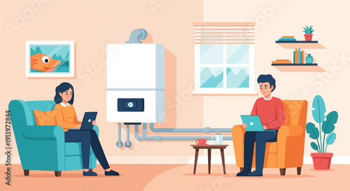 Two people working on laptops in a cozy living room with a water heater
