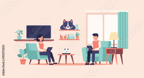 Two people working on laptops in a cozy living room with pets
