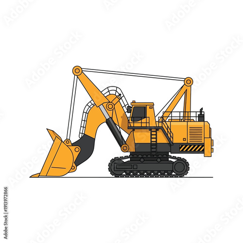 Yellow tracked excavator illustration. Heavy-duty construction and mining machine with a powerful digging bucket for earthmoving operations