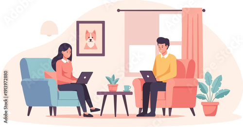 Two people working on laptops in a cozy living room with plants (2)