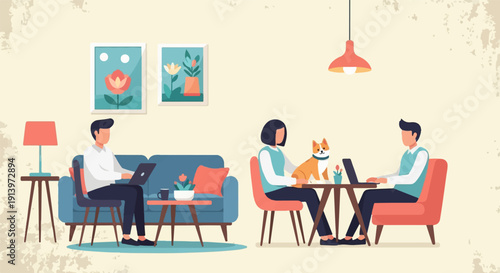 Two people working on laptops in a cozy living room with a dog (1)