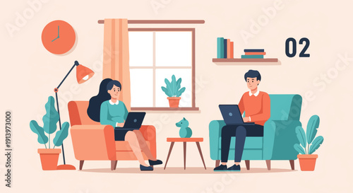 Two people working on laptops in a cozy living room with plants (4)