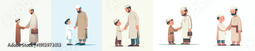 vector of a little Muslim boy shaking hand with father