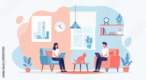 Two people working on laptops in a cozy room with a cat