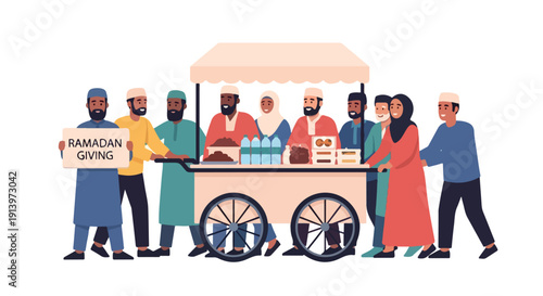 Illustration of diverse people gathered around a food cart with a Ramadan sign on a white background with colorful clothing and a festive mood.