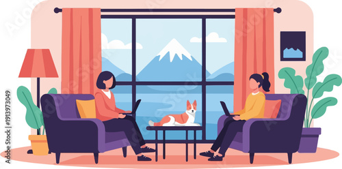 Two people working on laptops in a cozy room with a dog and a scenic view