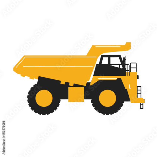 Heavy-duty industrial yellow dump truck vector icon for construction sites, mining operations, and large-scale earthmoving projects