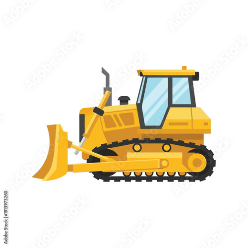 Yellow bulldozer with a large blade and tracks, side view, isolated on white background - vector illustration
