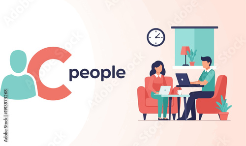 Two people working on laptops in a cozy setting with stylized icons