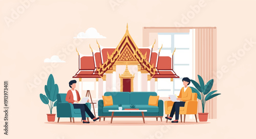 Two people working on laptops in a living room with a Thai temple background