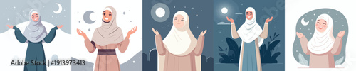 vector half body of a muslim woman standing looking at the ramadan night sky